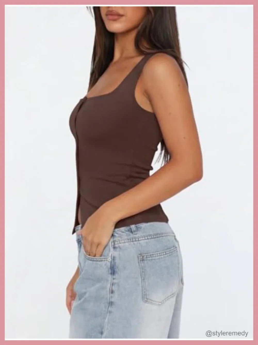 Ribbed Square Neck Crop Tank Top Sleeveless Button Down Vest